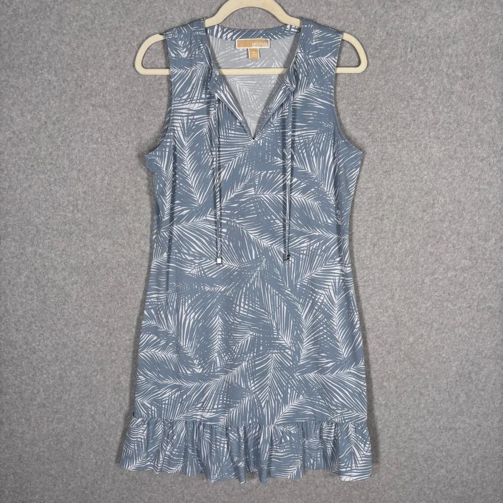 Michael Kors Dress Medium Blue Palm Leaf Tropical Ruffle Cover Up Resort Cruise